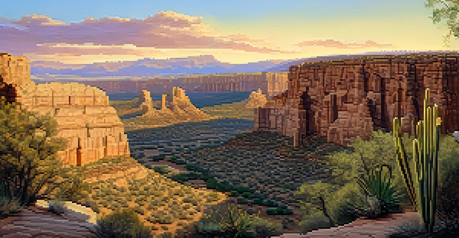 Ancient cliff dwellings in Arizona at sunset, highlighting the stone structures and desert landscape.