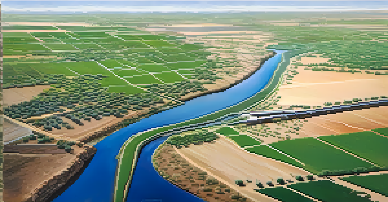 Aerial view of the Central Arizona Project canal with irrigated fields and dry desert landscape surrounding it.