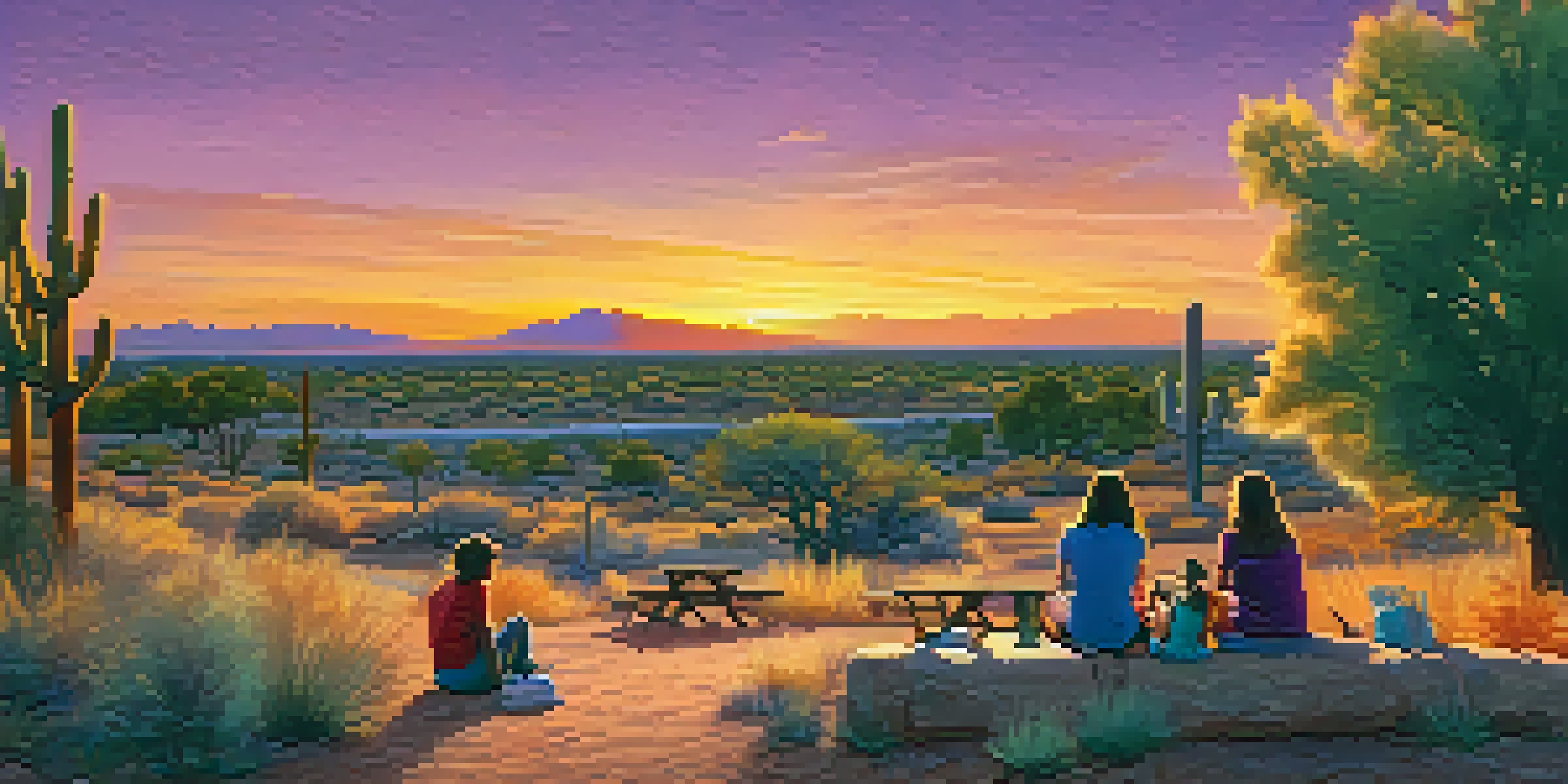 A family having a picnic in an urban park at sunset, with a coyote observing them from a distance among desert plants.
