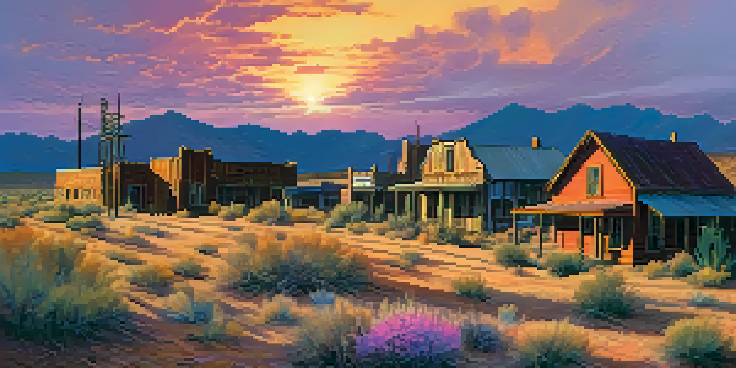 A sunset view of the ghost town Ruby in Arizona, featuring crumbling buildings and blooming wildflowers in the foreground.