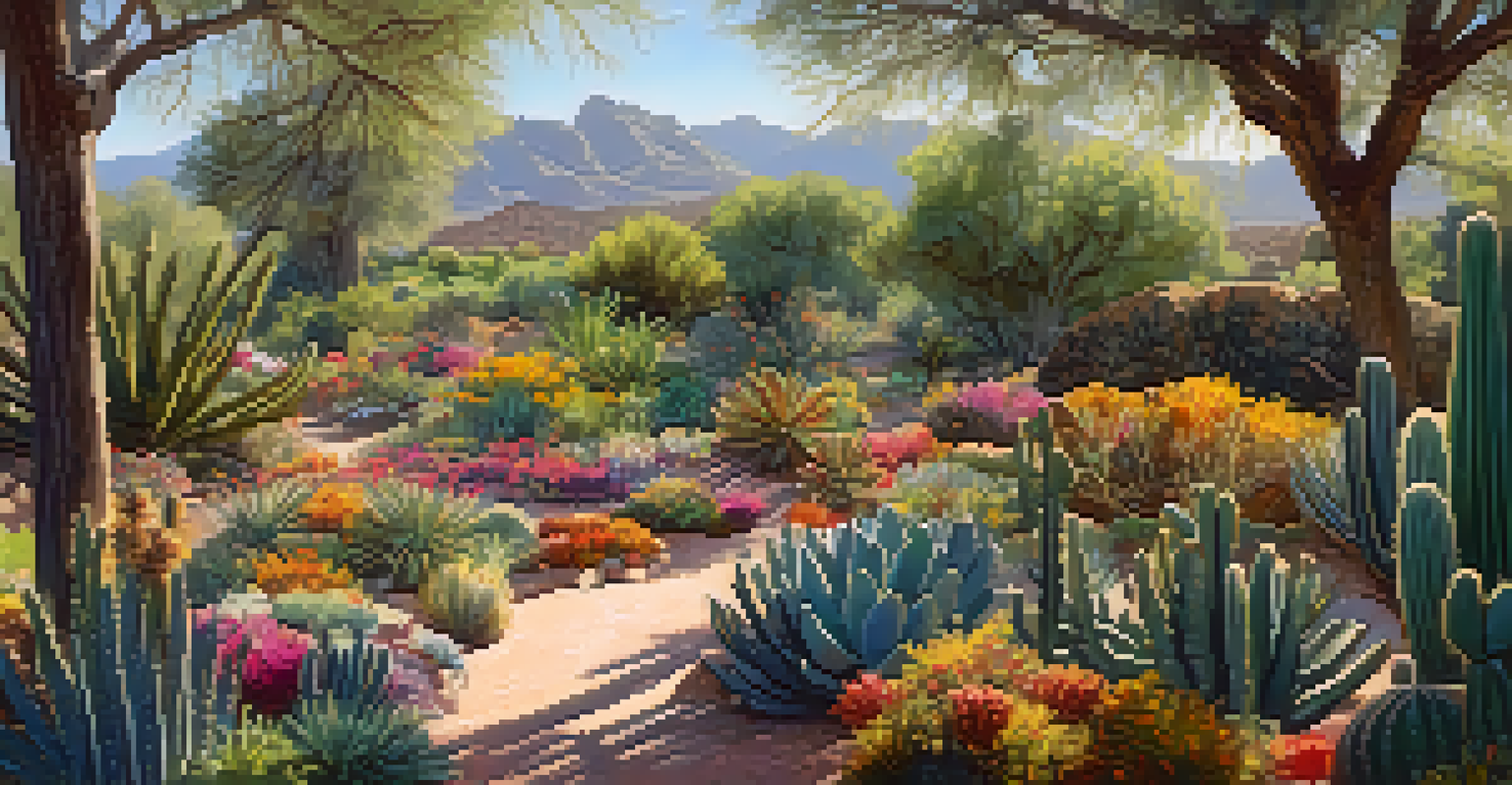 A vibrant botanical garden in Arizona during spring, filled with blooming cacti and wildflowers, with visitors exploring the colorful paths under the sunlight.