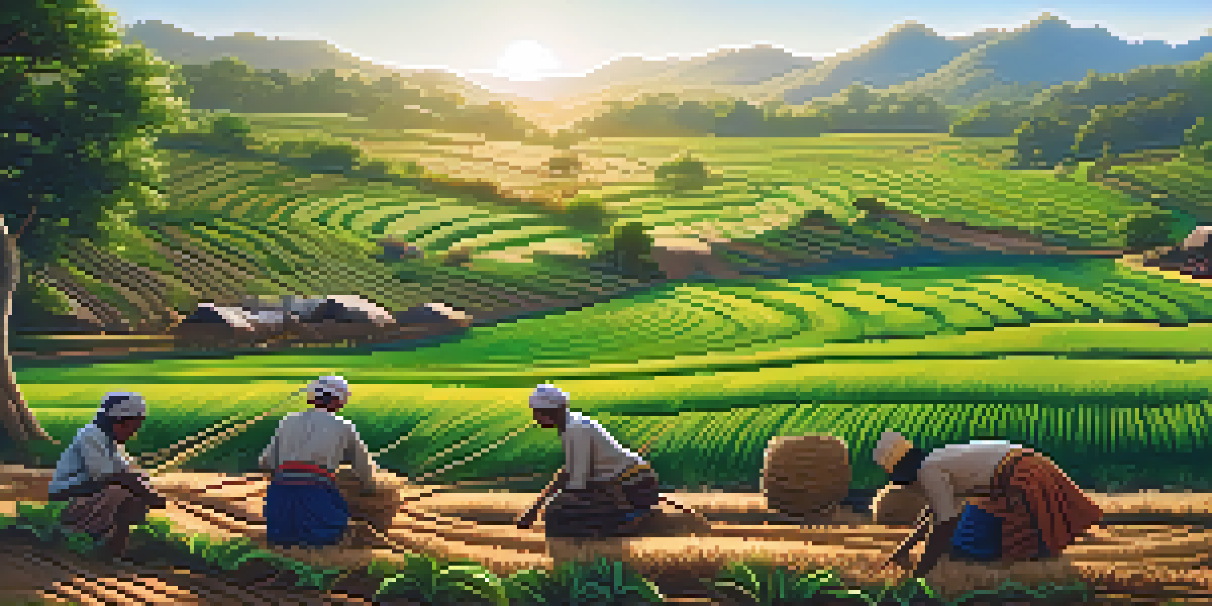 An Indigenous farmer planting in a rotational farming field, with lush green landscapes and a clear blue sky in the background.