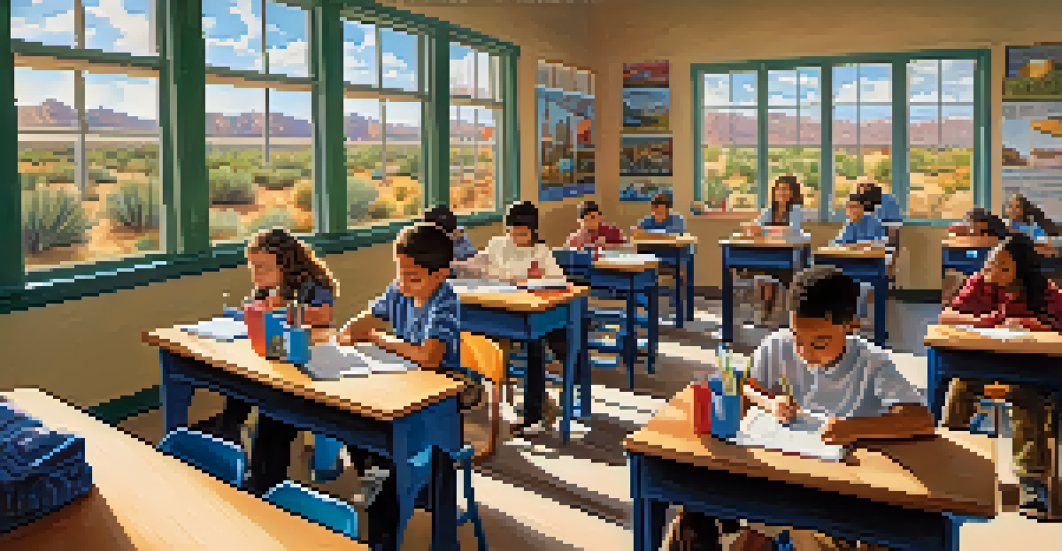 A classroom in Arizona with diverse students of different ages learning together, with natural light and cultural posters on the walls.