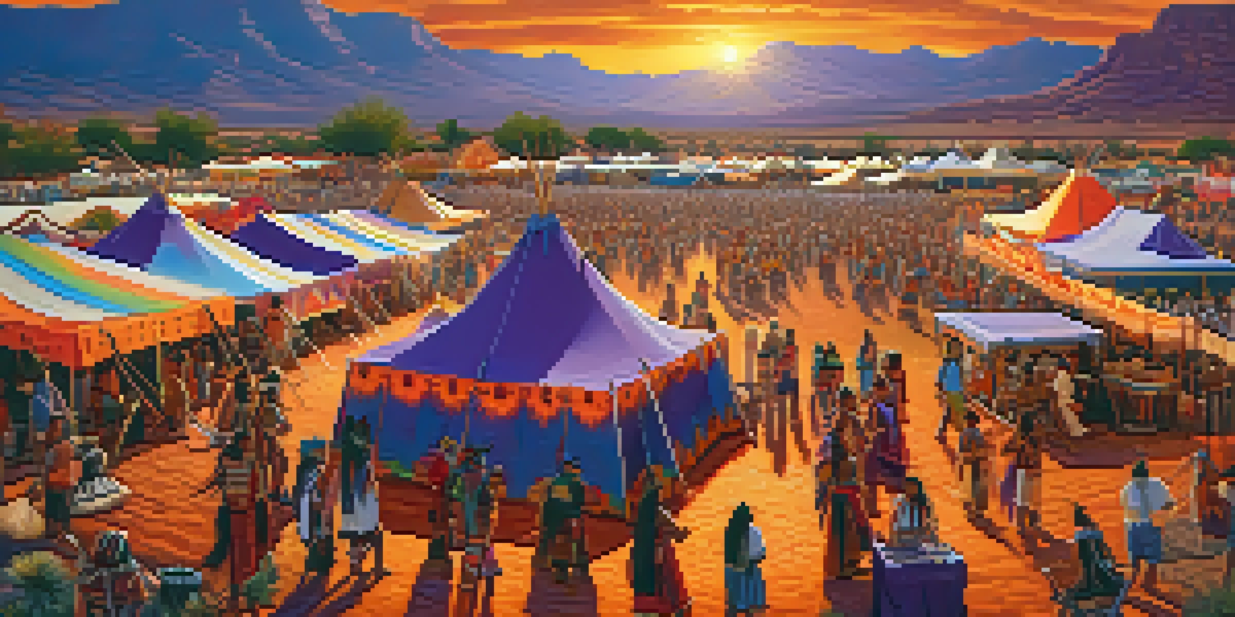 An outdoor cultural festival in Arizona featuring traditional Native American music and dance, with colorful tents and performers in traditional attire against a sunset.