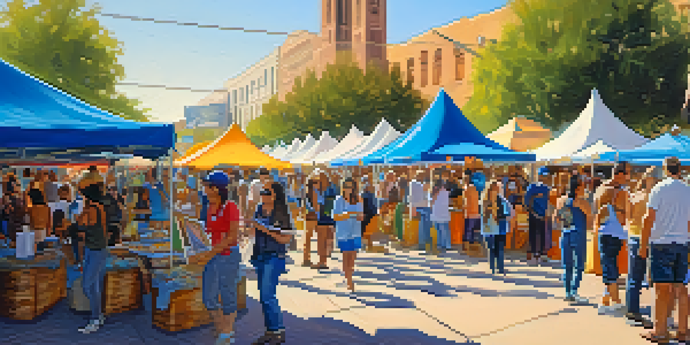 A lively outdoor arts festival in Arizona featuring local artists at work, colorful tents displaying artworks, and visitors interacting with the art.