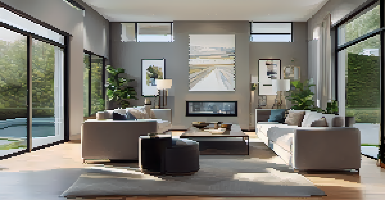 A real estate agent conducting a virtual home tour on a laptop, with a modern living room in the background, showcasing the home's features.