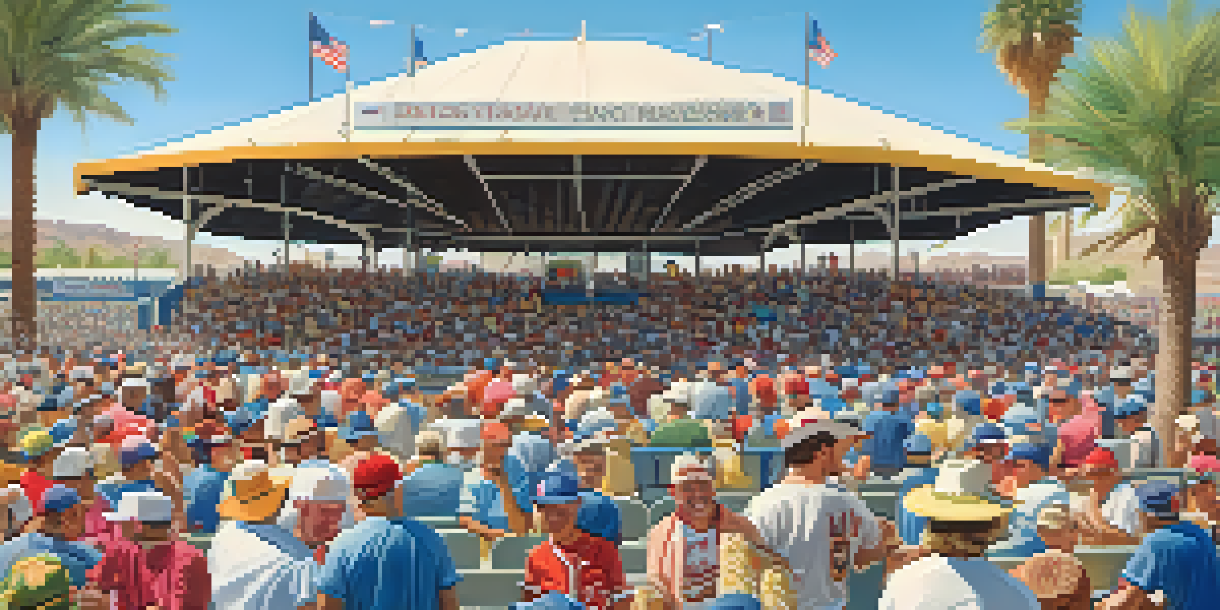 A lively spring training baseball game in Arizona with fans cheering, players warming up, and colorful stalls.
