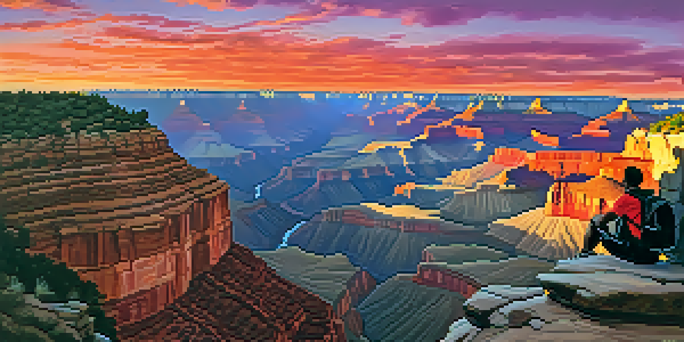 A stunning sunset view of the Grand Canyon with colorful sky and a hiker silhouette at the rim.