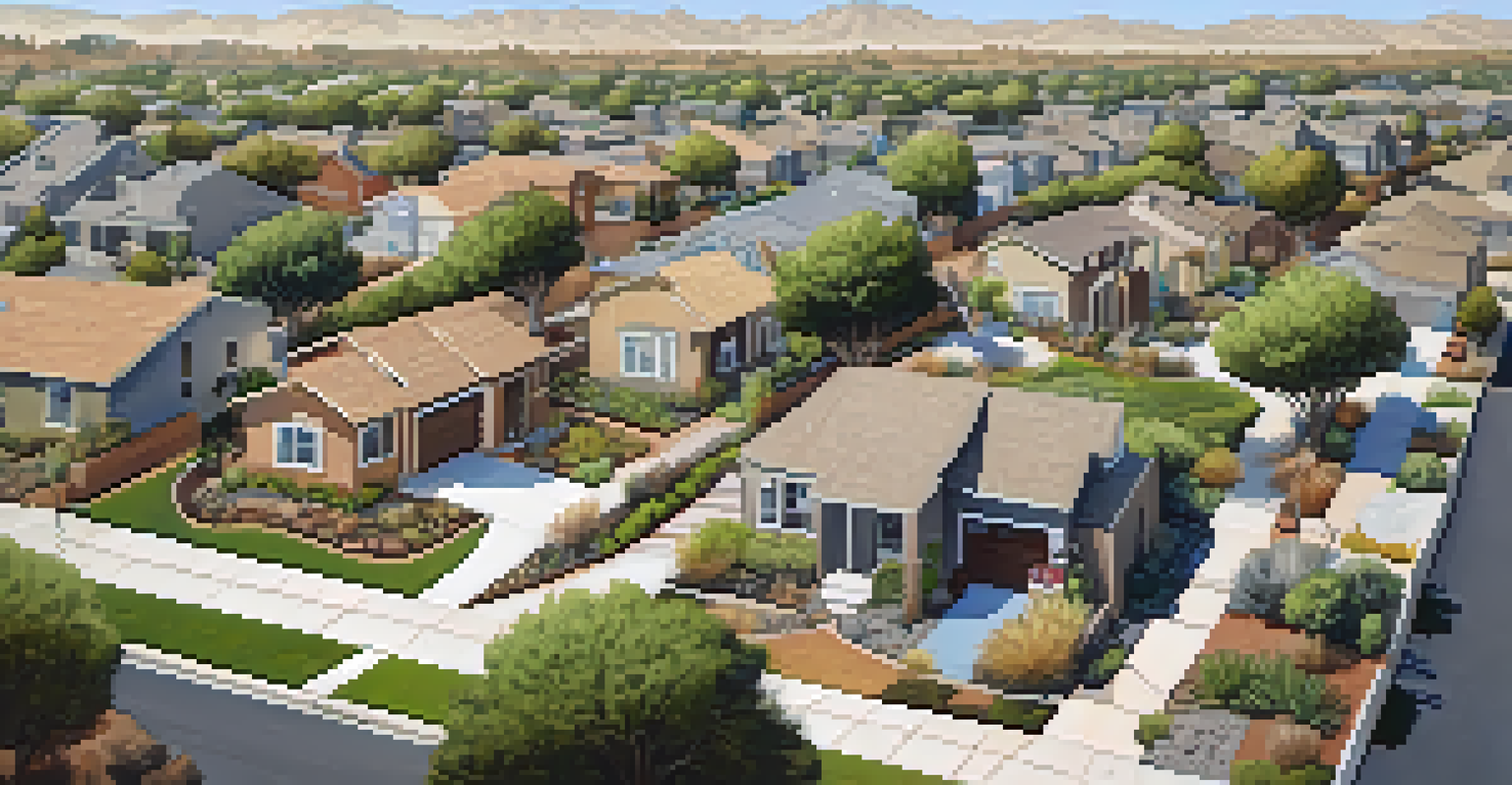 An aerial view of a neighborhood with permeable pavements and drought-resistant landscaping, featuring eco-friendly materials and homes in the background.