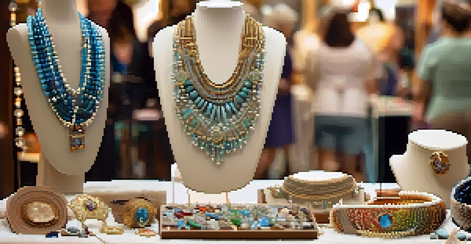 A close-up view of handmade jewelry displayed at a craft fair, highlighting the intricate designs and colorful gemstones.