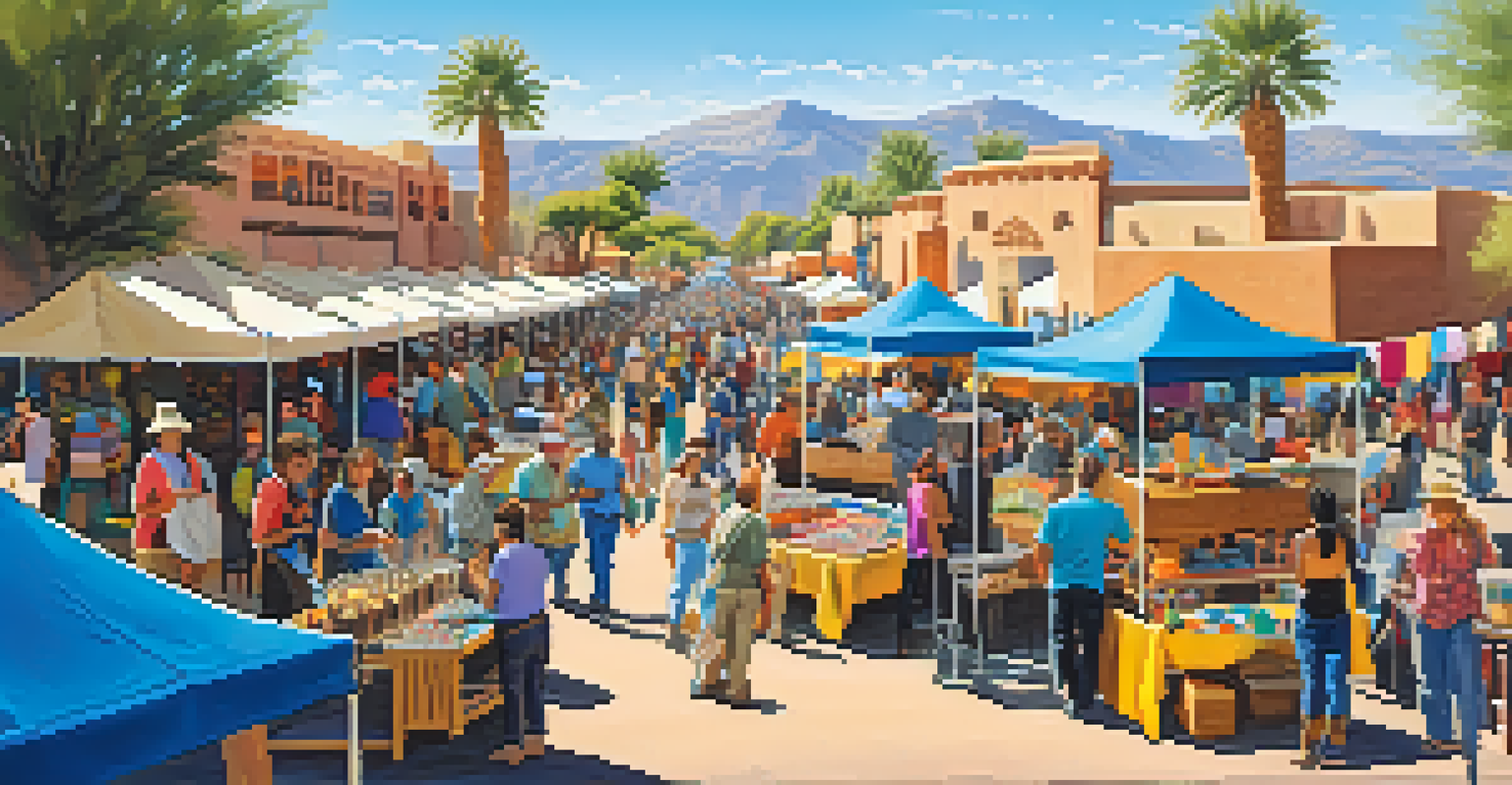An artisan craft fair in an Arizona town square with local vendors and visitors interacting amidst a vibrant desert backdrop.
