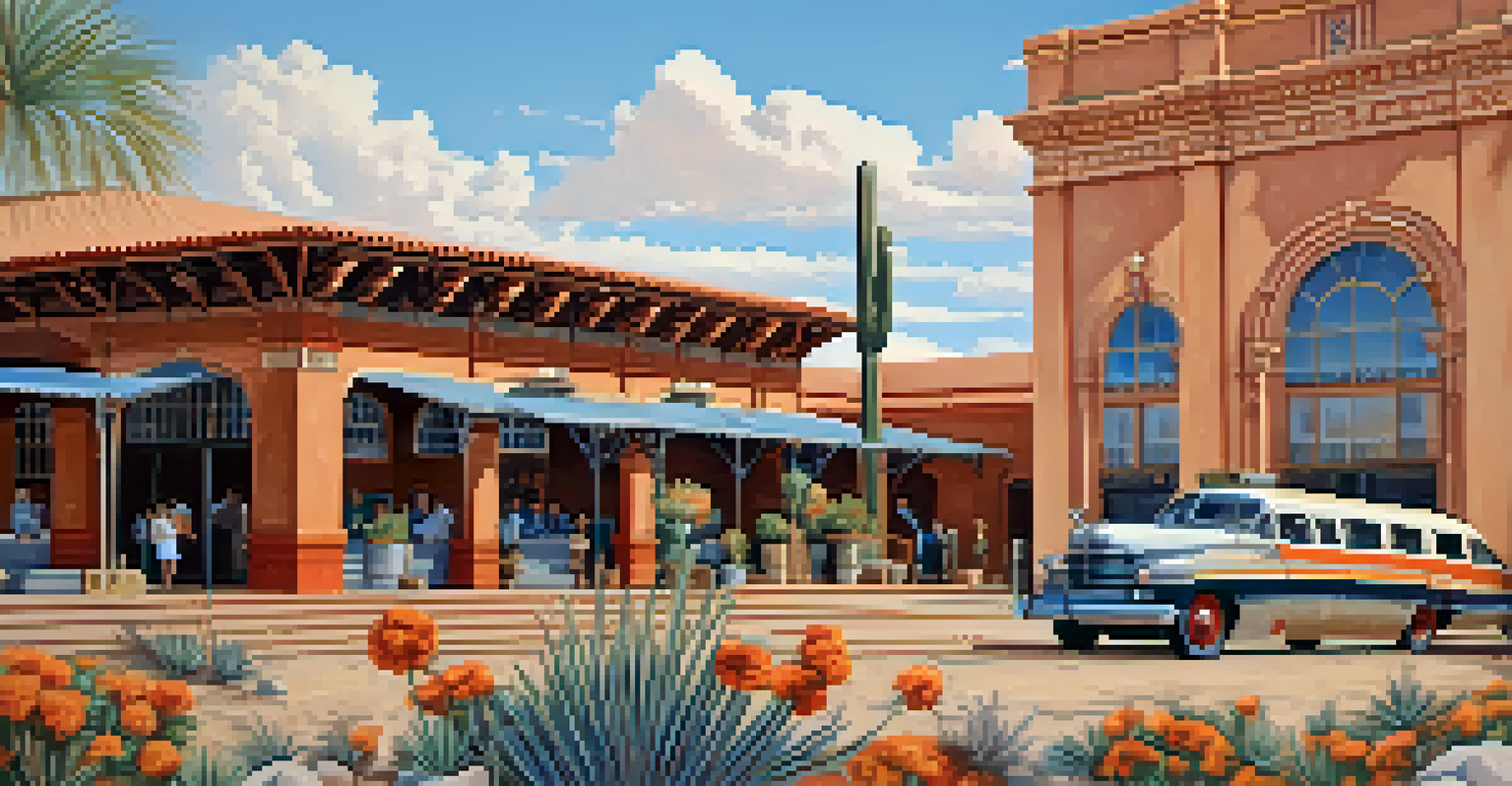 The Tucson Depot showcasing its Mission Revival architecture with vintage train cars and blooming desert plants.
