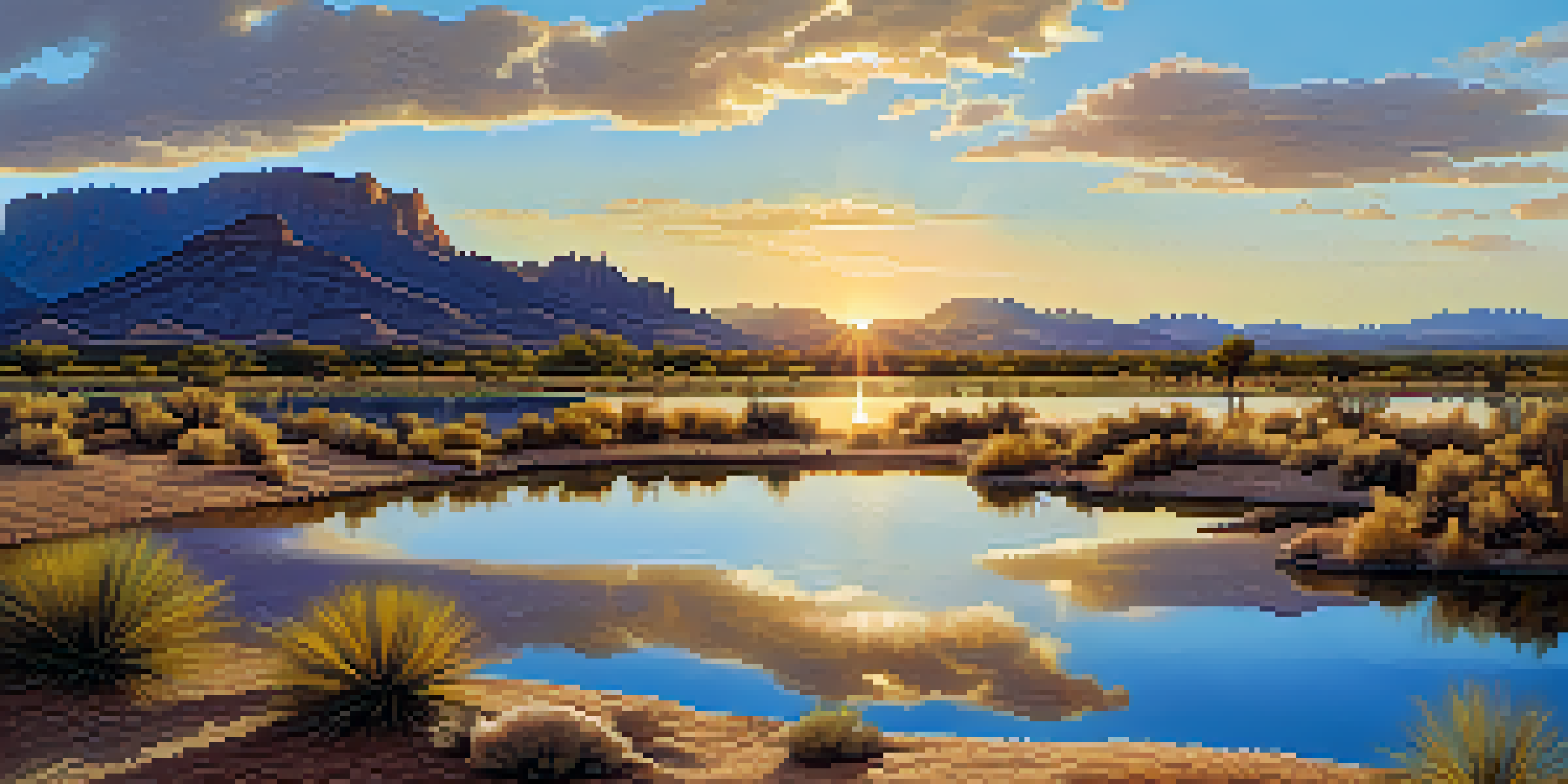 A tranquil aquifer recharge basin in Arizona with water reflecting the sky, surrounded by desert vegetation and mountains in the background during sunset.