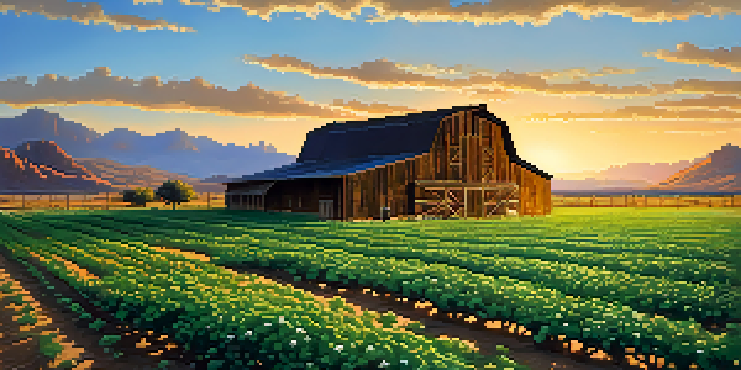 A picturesque Arizona farm at sunrise with green cotton plants, distant mountains, and a rustic barn.
