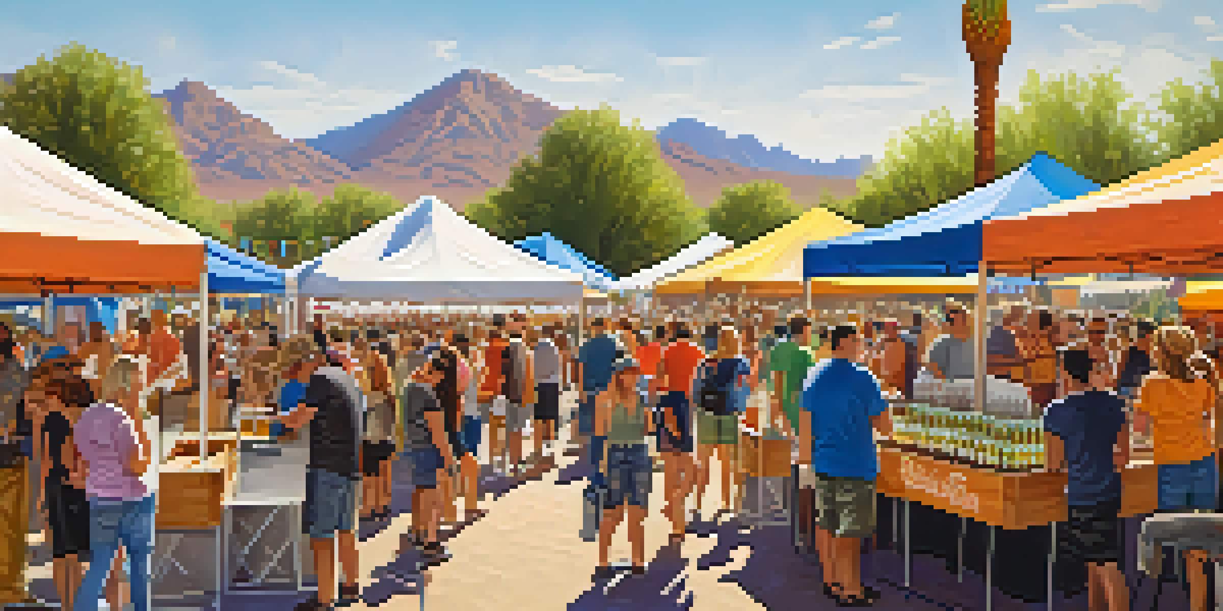 An outdoor craft beer festival with colorful tents, attendees sampling beers, food vendors, and live music under a bright sun.