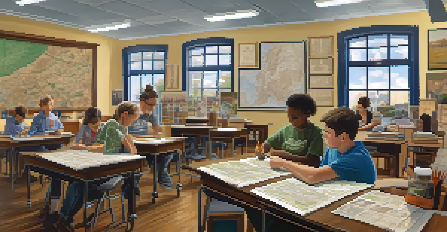 Students enthusiastically working on a project about local historic landmarks in a colorful classroom filled with maps and art supplies, with a teacher guiding them.