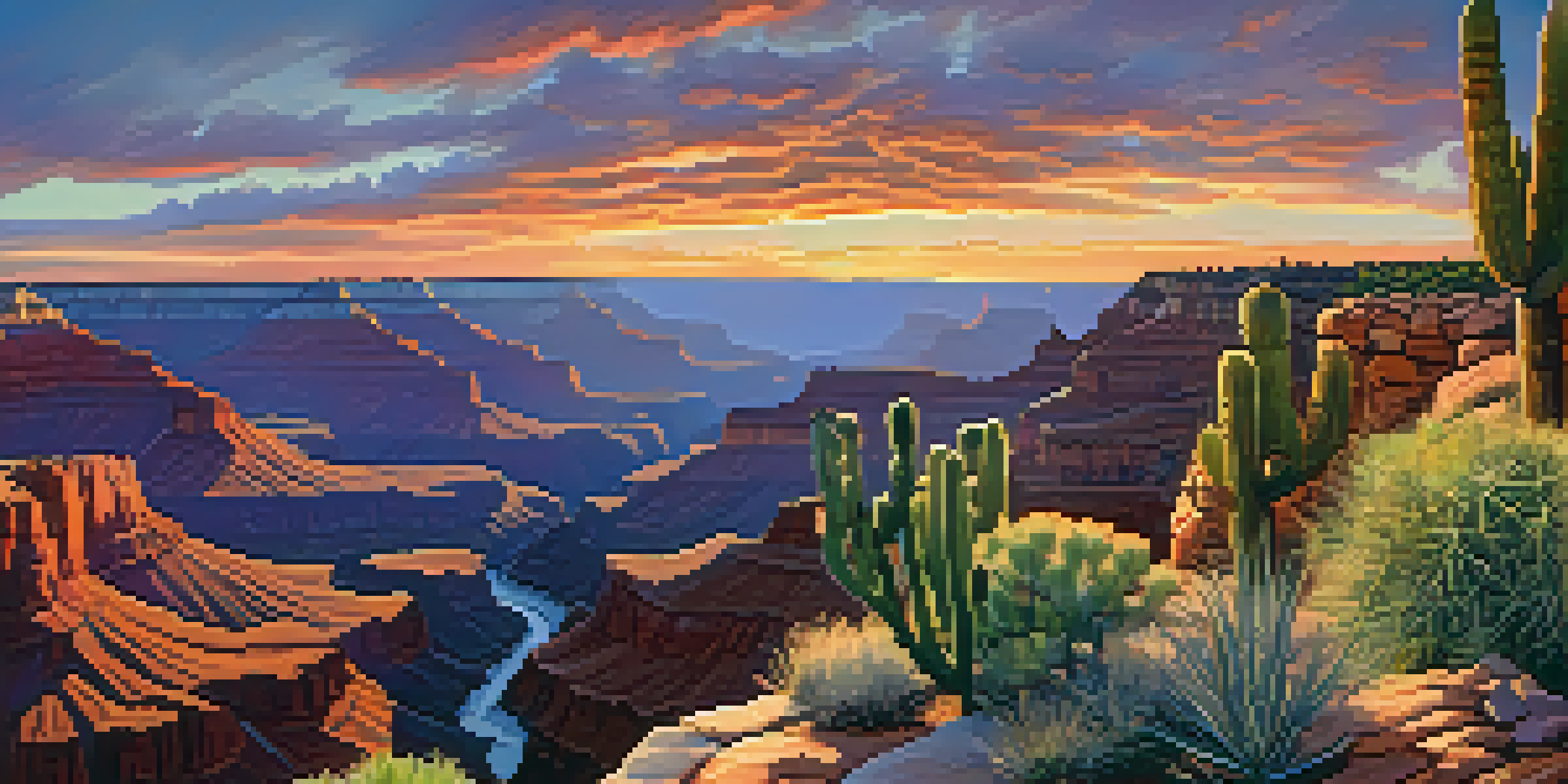 A stunning sunset view of the Grand Canyon, with vibrant colors and the Colorado River visible below.