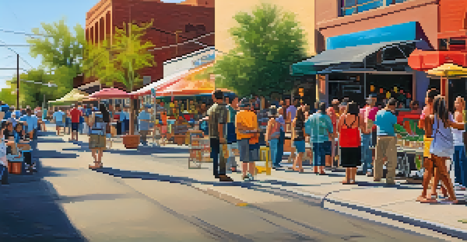 A lively street scene during Tucson's 2nd Saturdays, featuring local musicians, food trucks, and colorful murals that reflect the city's cultural diversity.