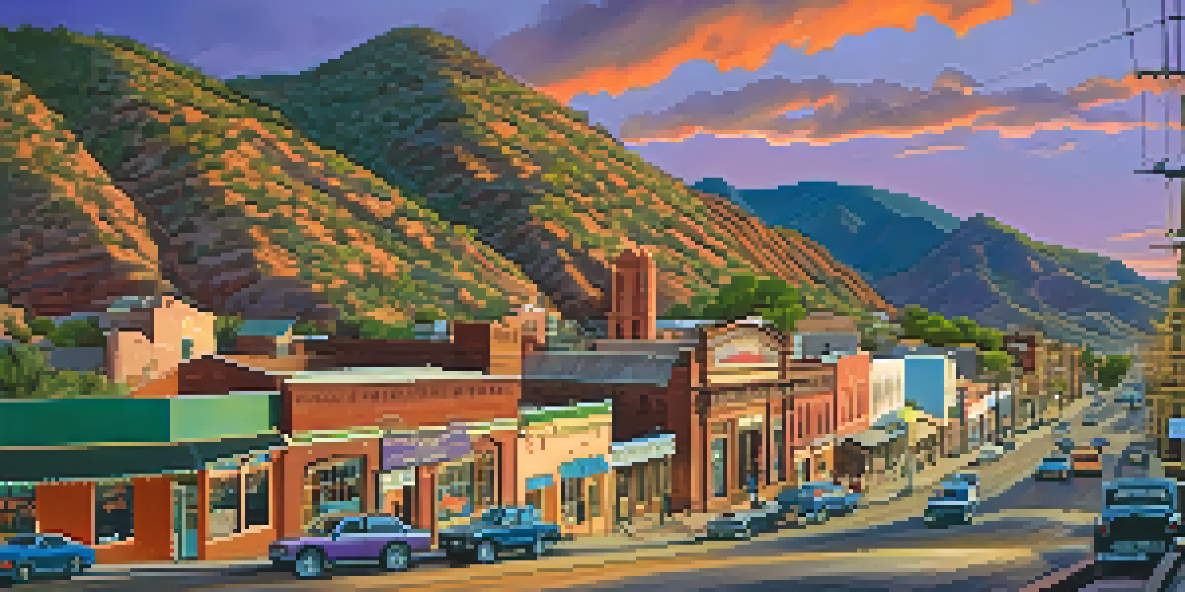 A scenic sunset view of Bisbee, Arizona, featuring colorful Victorian buildings and people walking in the streets.