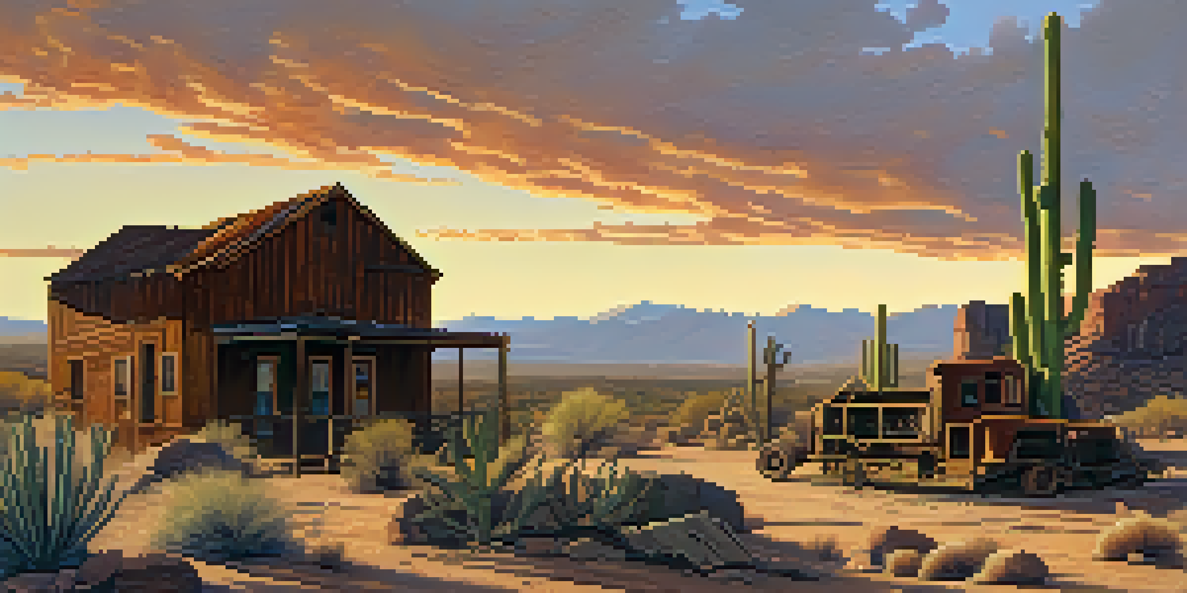 A sunlit view of an abandoned mining town with crumbling buildings and rusted machinery in a rocky desert setting.