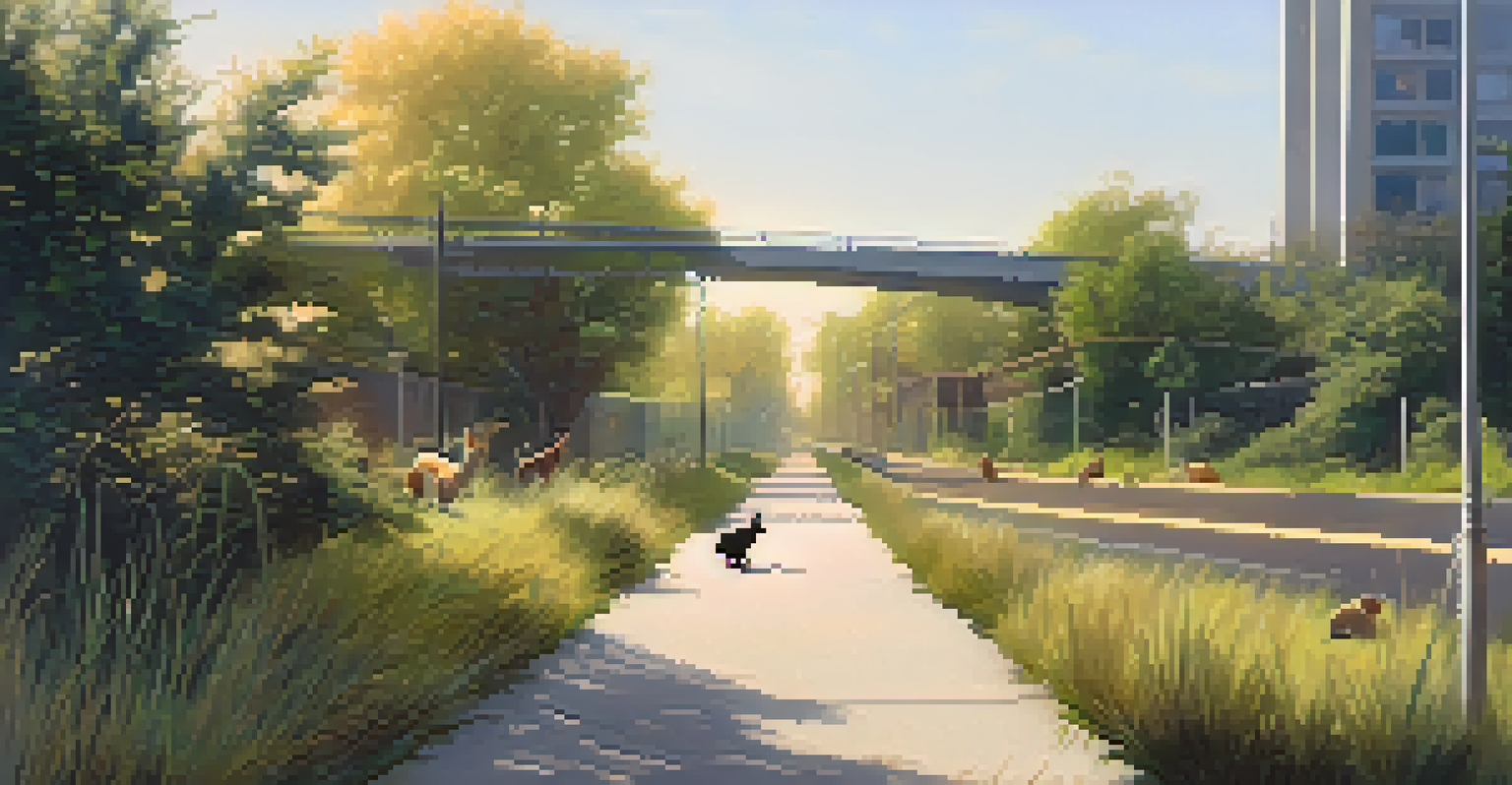 A wildlife corridor with a bridge and native plants, allowing animals to cross safely in an urban environment.