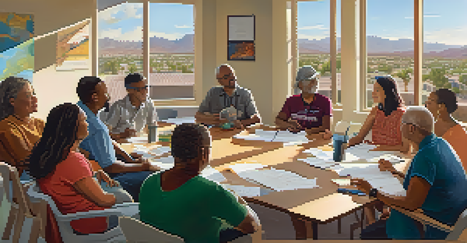 A diverse group of community members engaged in a meeting, discussing affordable housing solutions with charts and posters in the background.