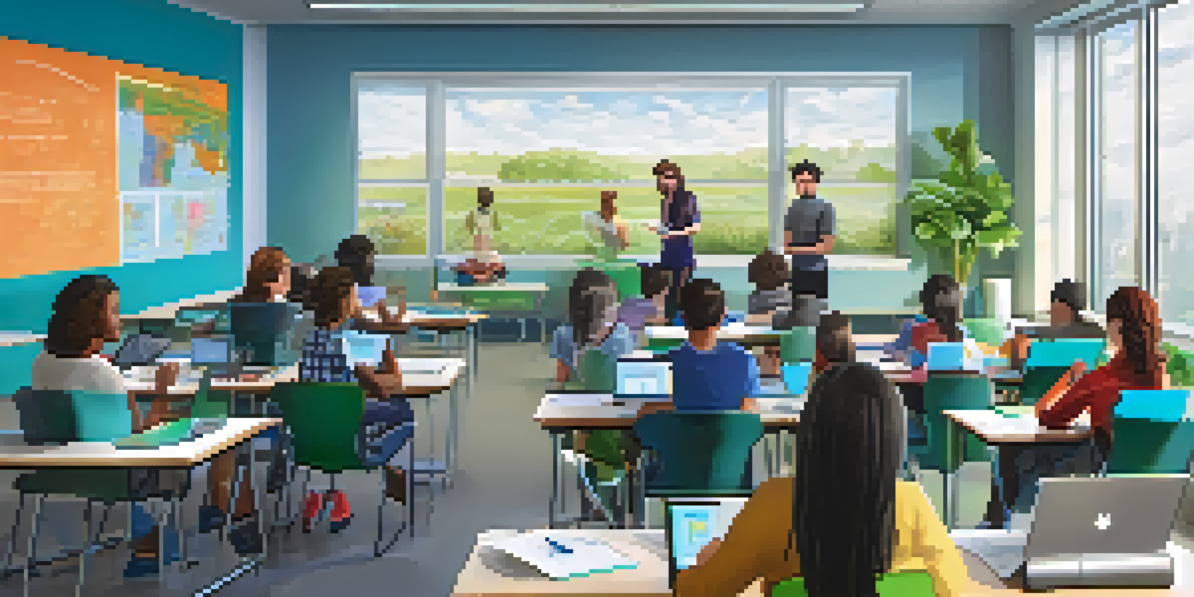 A bright and modern online classroom with diverse students using laptops and tablets, collaborating together.