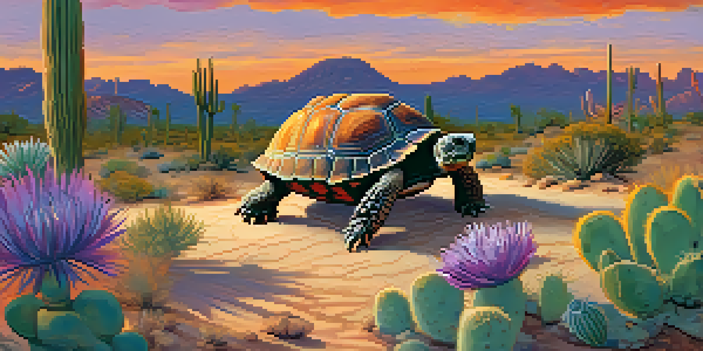 A desert tortoise in a colorful Arizona desert landscape during sunset, surrounded by cacti and wildflowers.
