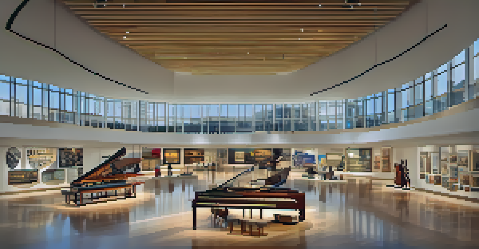 An interior view of the Musical Instrument Museum, filled with global musical instruments and bright natural light.
