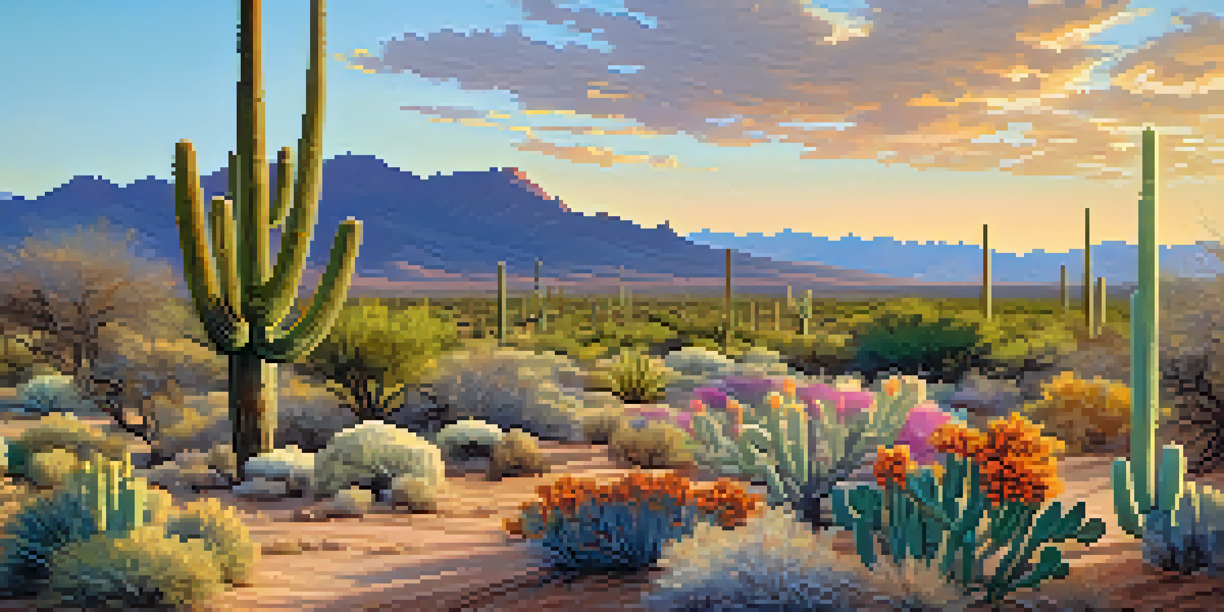 A colorful native plant garden in Arizona with a saguaro cactus and mesquite tree under a bright blue sky.