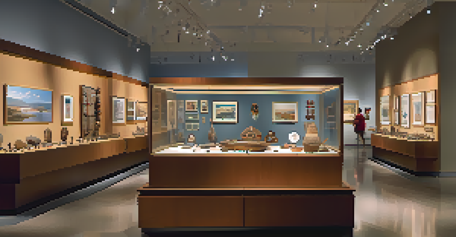 A museum exhibit displaying Native American artifacts with visitors interacting in a modern gallery.