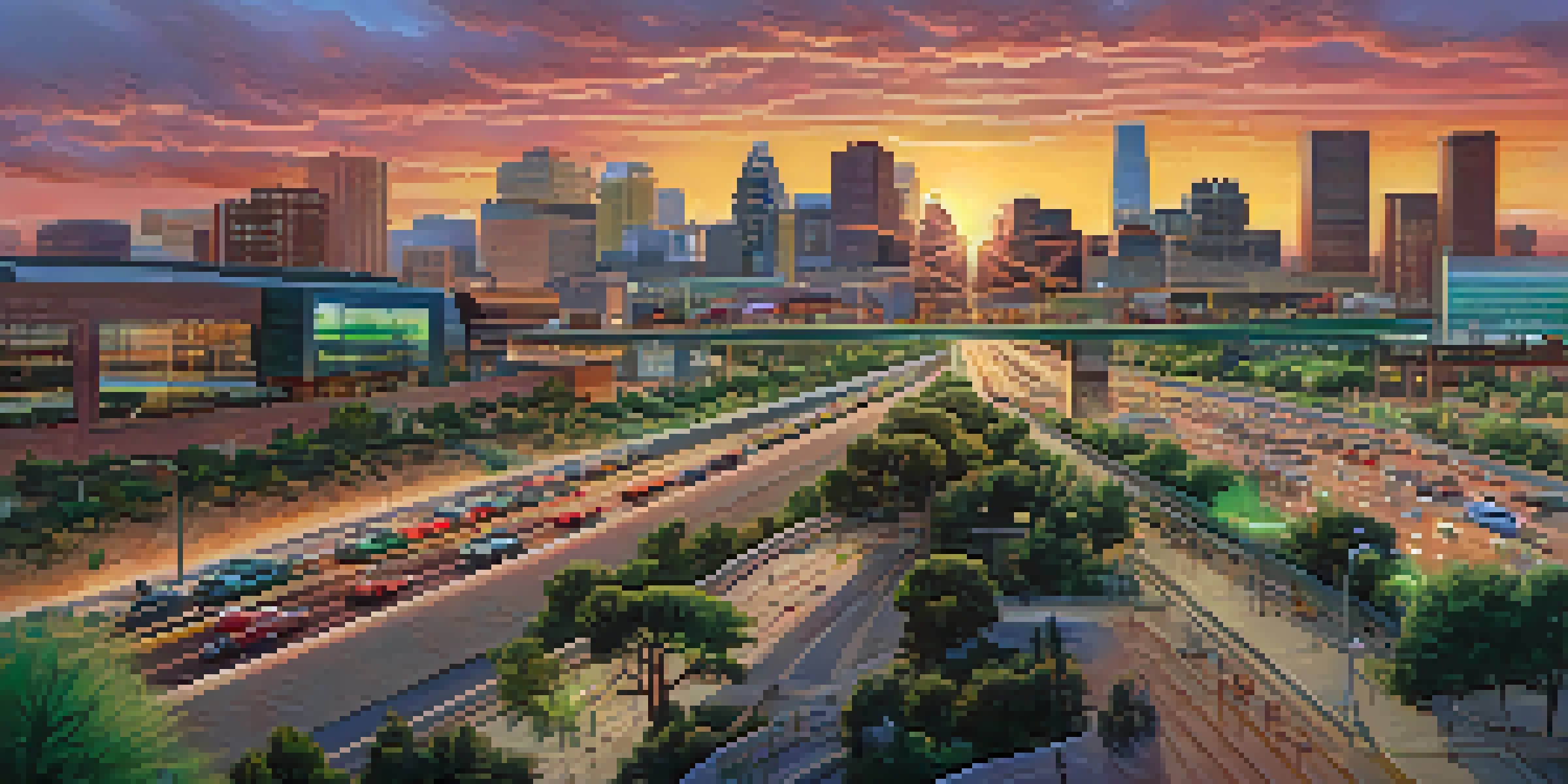 A panoramic view of a city skyline in Arizona during sunset, showcasing modern buildings and a busy highway.