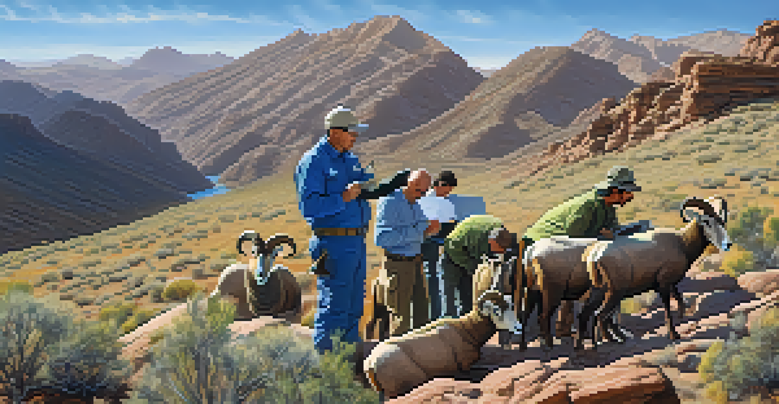 Community members attaching a GPS collar on a bighorn sheep in Arizona's mountainous landscape.