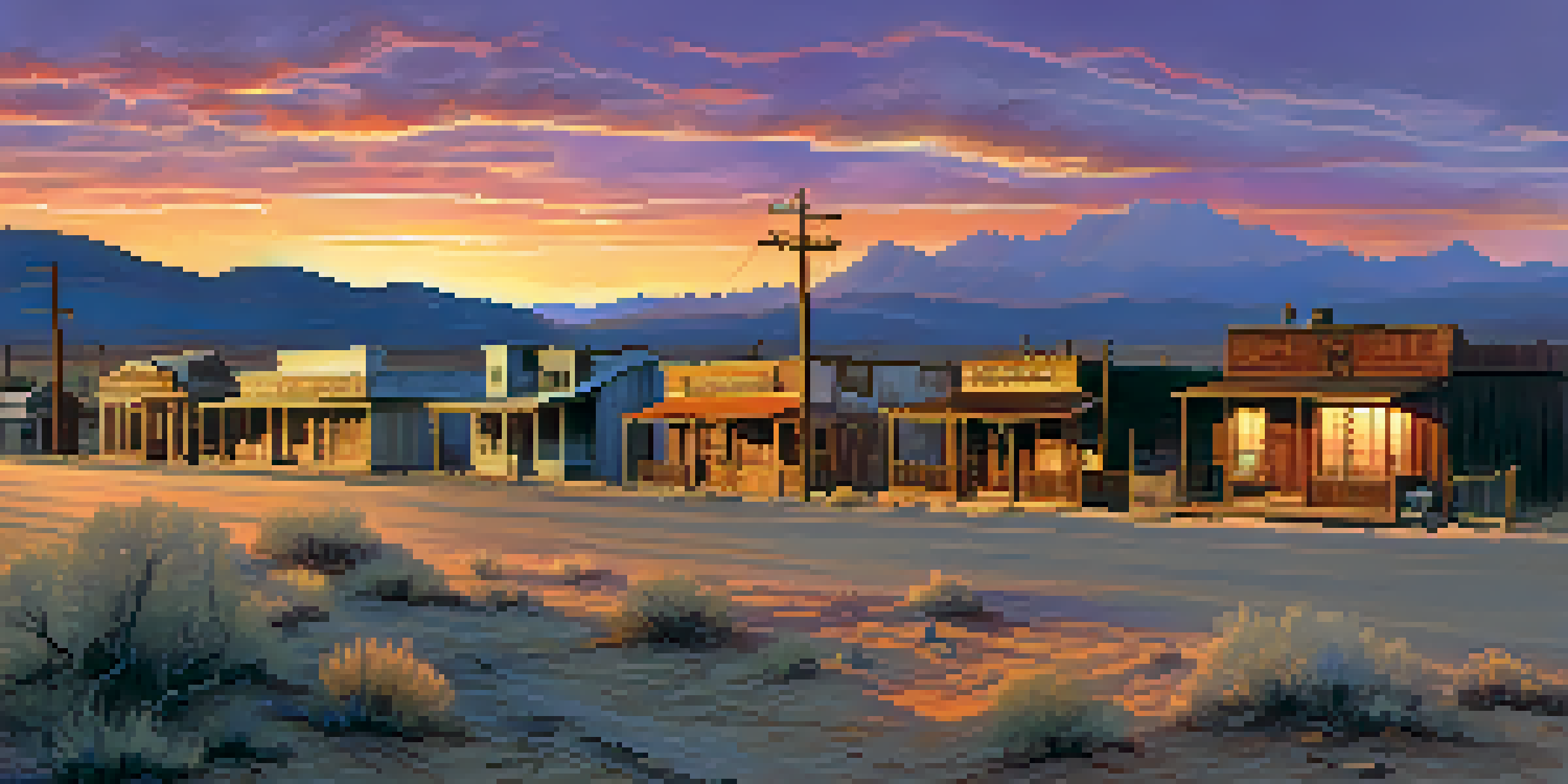A scenic view of the ghost town of Goldfield in Arizona with restored buildings and a sunset sky.