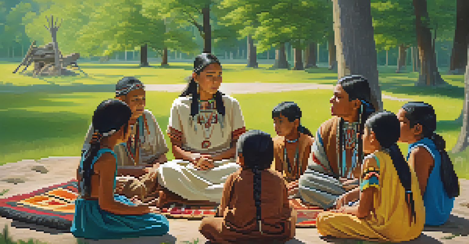 Native American children listening to an elder storyteller in a park, surrounded by trees.