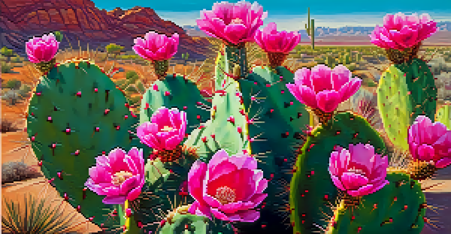 A close-up of a prickly pear cactus with bright pink flowers against a blurred desert background.