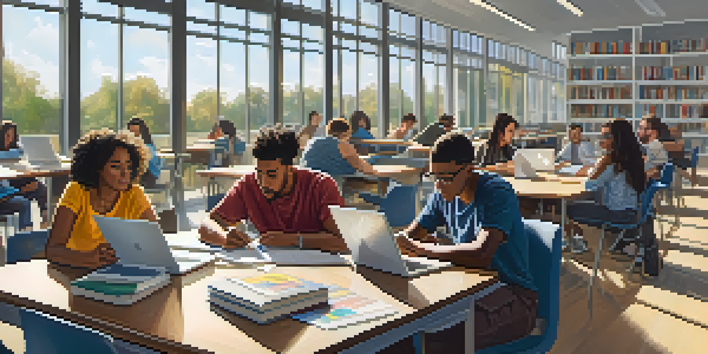 A diverse group of students studying in a library, with books and laptops on a table, illuminated by sunlight.