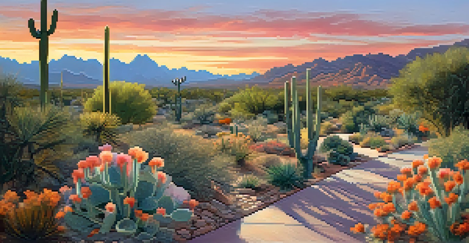 A tranquil sunset view of a desert botanical garden, featuring saguaro cacti and wildflowers, with a winding path under a colorful sky.