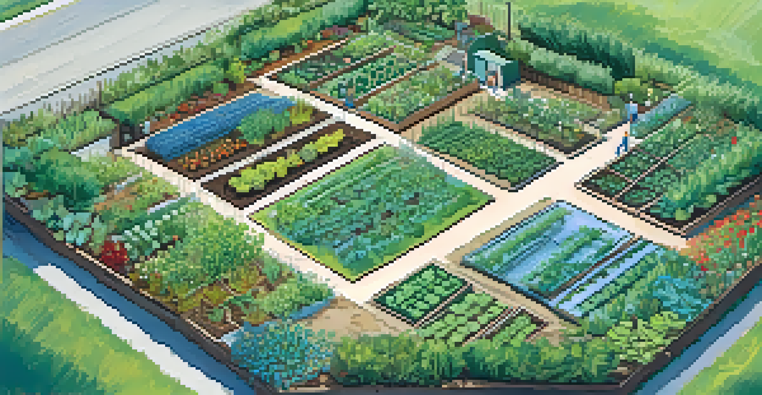 An aerial view of a permaculture community garden with diverse crops and water management features, along with gardeners at work.