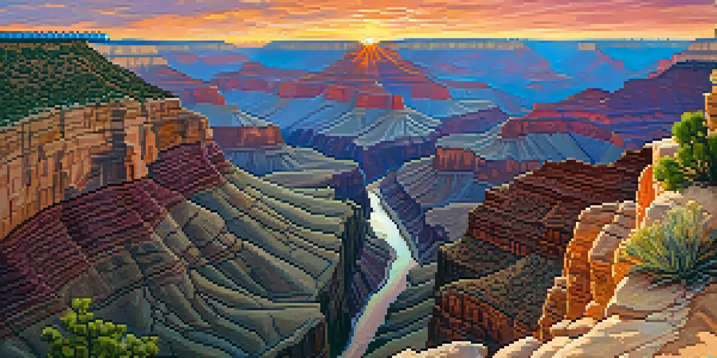A vibrant sunset over the Grand Canyon with colorful rock layers and a winding trail.