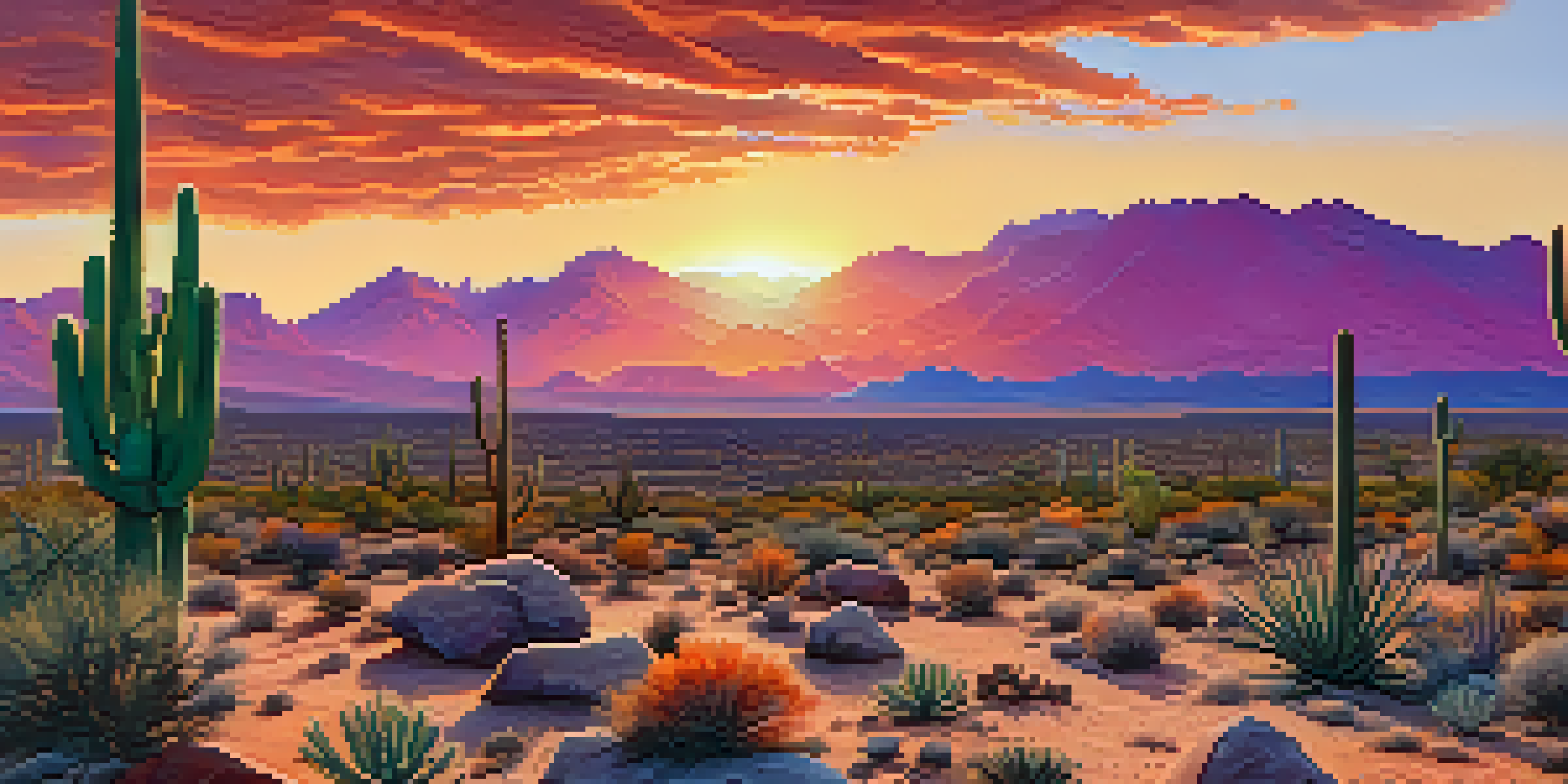 A colorful sunset over the Arizona desert, showcasing cacti and mountains, with a dry riverbed in the foreground.
