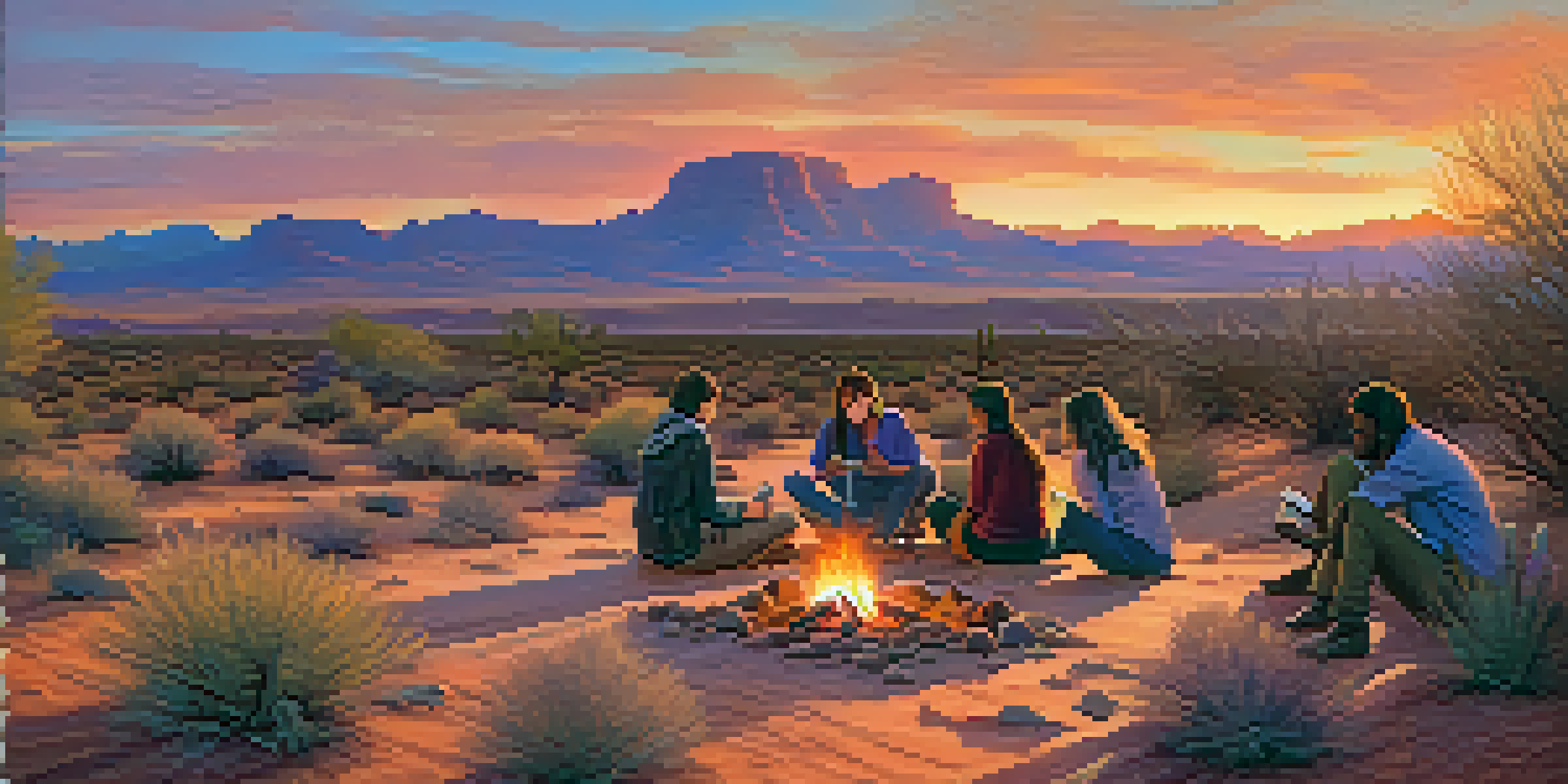 A group of women writers gathered around a campfire in the Arizona desert at sunset, surrounded by mountains and vibrant sky colors.