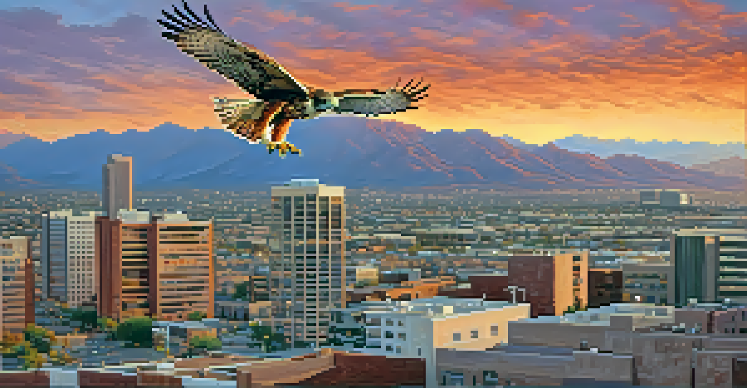 A red-tailed hawk gliding over an urban landscape at sunset, with vibrant colors in the sky.