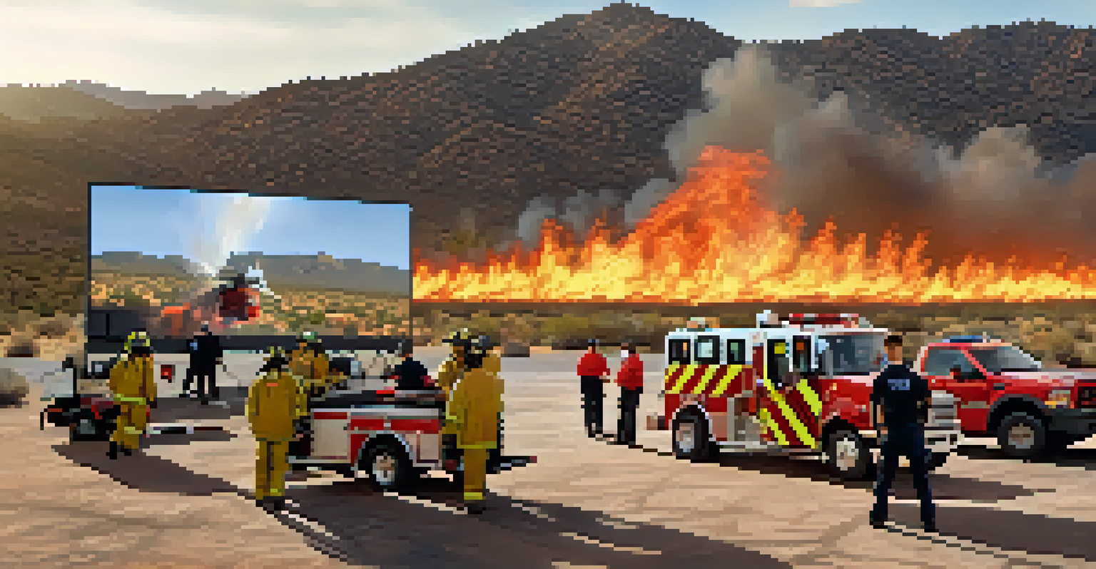 Firefighters in Arizona training with drones and satellite imagery to monitor wildfire risks, surrounded by equipment in an outdoor setting.