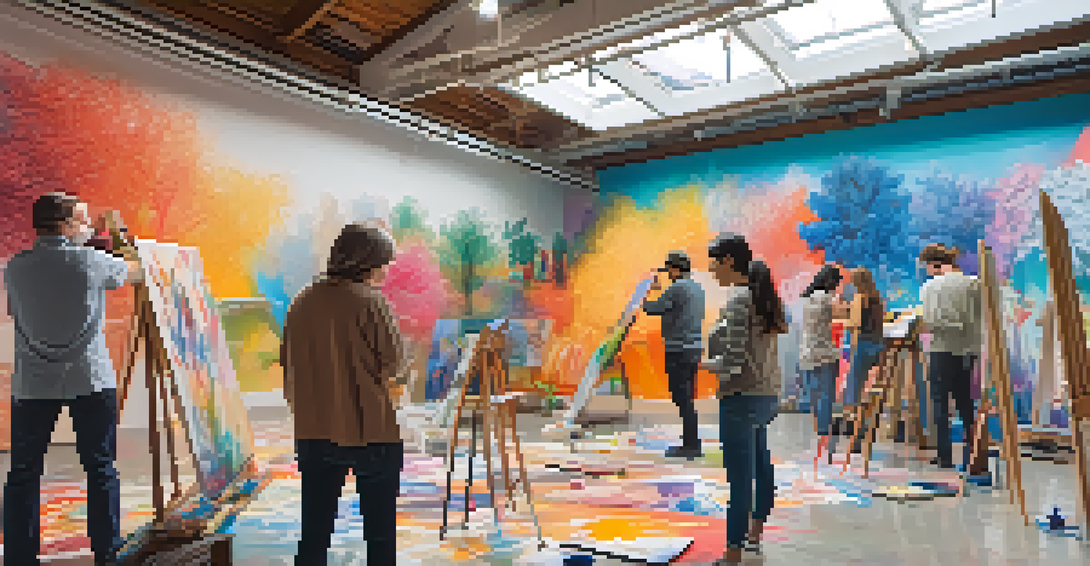 Artists from different backgrounds collaborating on a colorful mural in a bright studio, surrounded by sketches and paint.