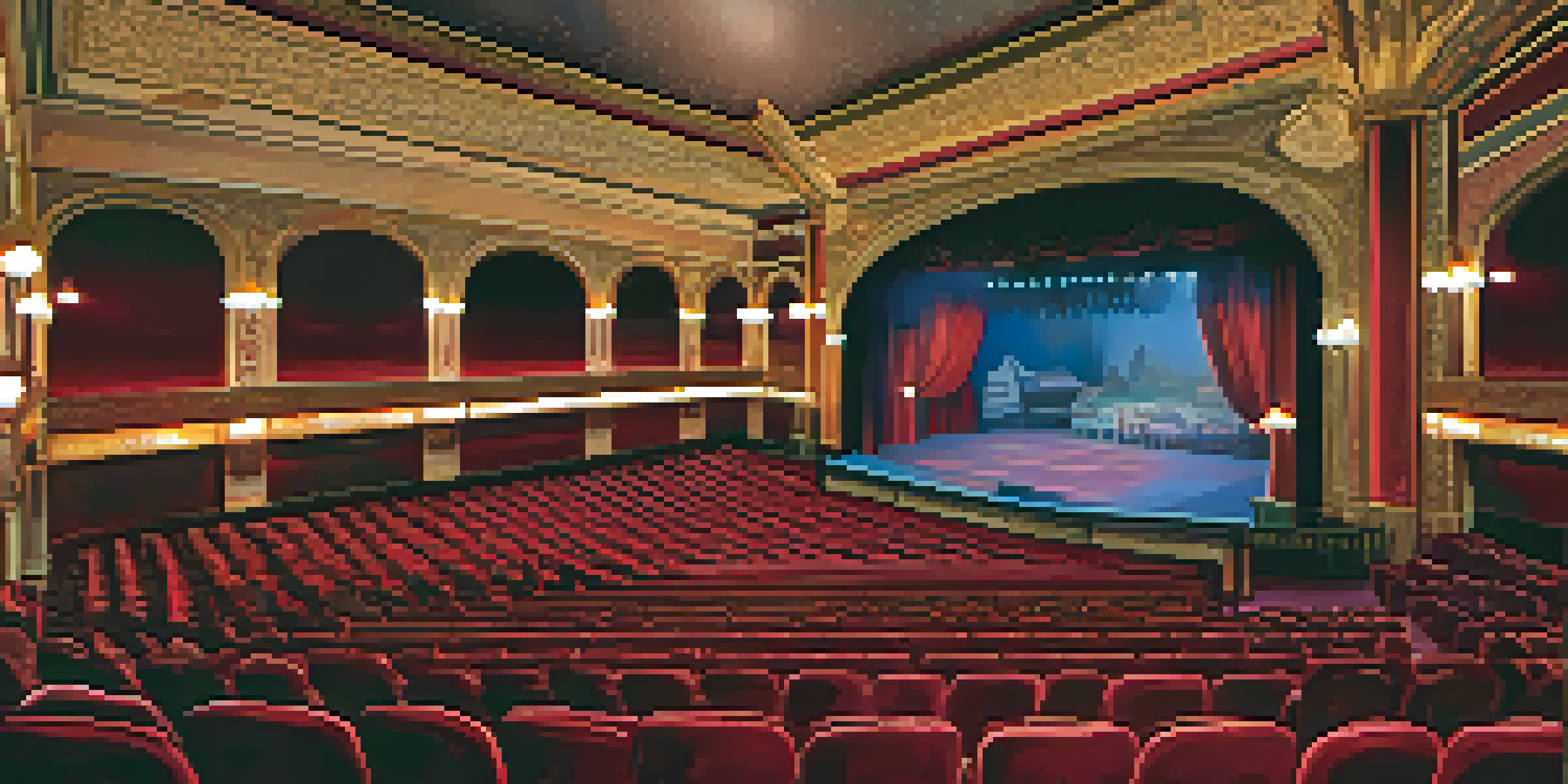 An interior view of the Granada Theatre with ornate ceiling and vintage marquee, featuring plush red velvet seats and intricate tile work.