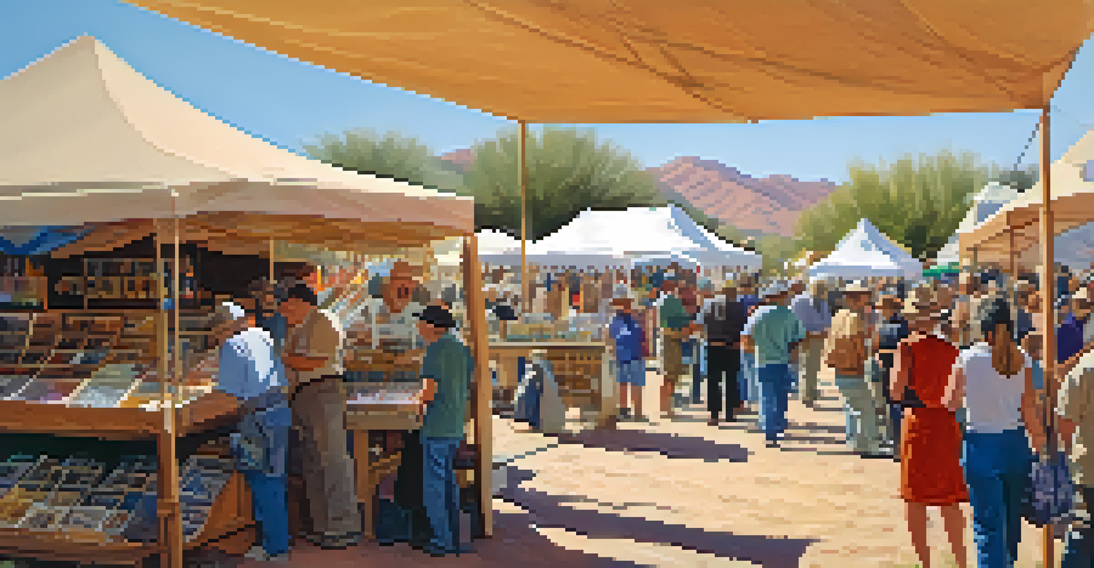 Scene from the Tucson Gem and Mineral Show, featuring colorful gemstone stalls and visitors examining gems.