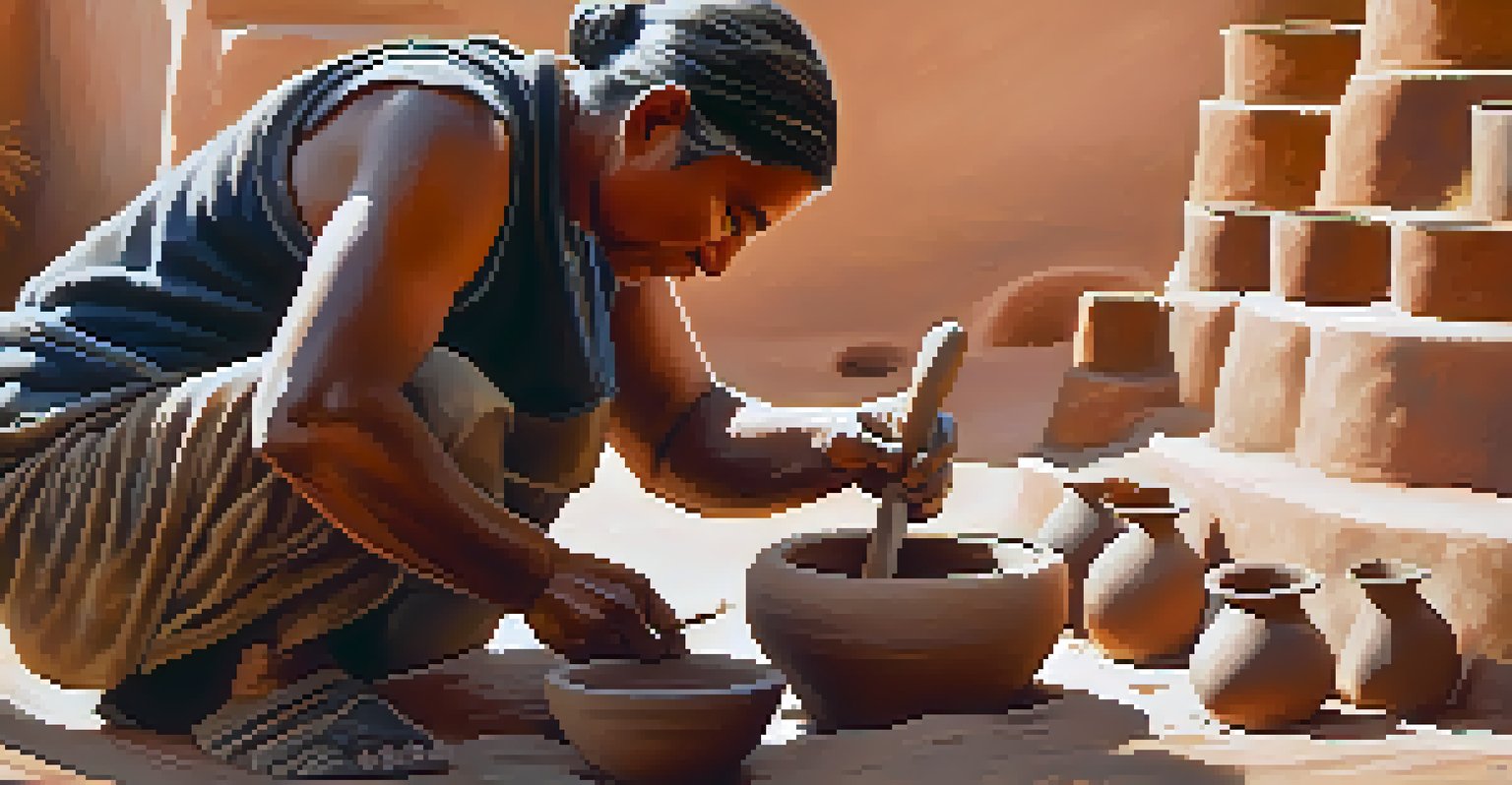 A Native American artisan working on pottery in a sunlit studio, surrounded by clay and traditional tools.