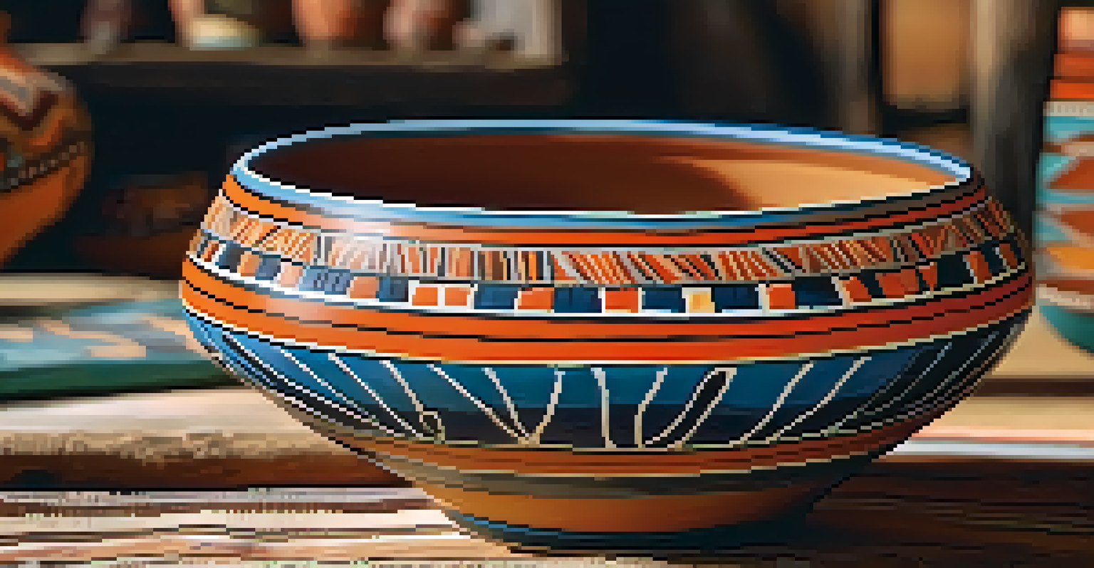 Close-up of a Native American pottery piece with intricate designs and vibrant colors on a rustic wooden table under soft natural light.