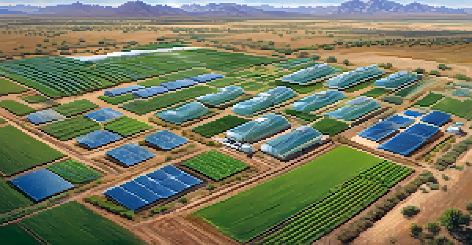 An aerial view of Arizona farmers collaborating in a green field with irrigation systems and water conservation techniques under a clear blue sky.